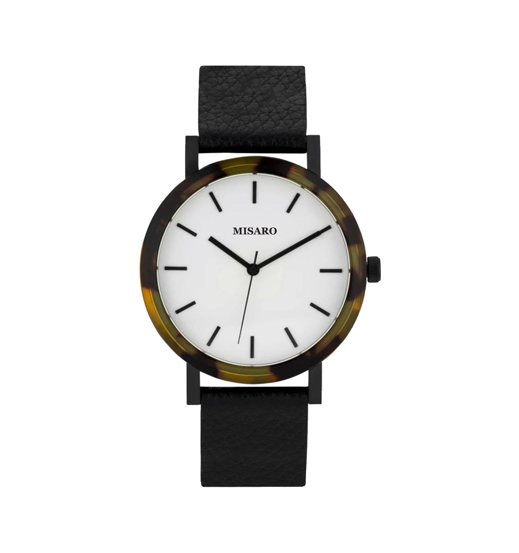 Minimal Tortoise Shell Acetate Watch with Black Leather Band